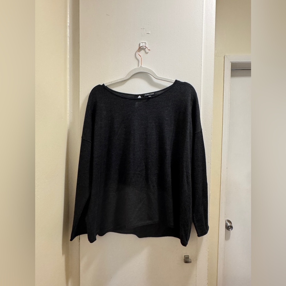 Eileen Fisher| Sweater Grey Merino Wool Scoop Neck Box Top w/ Open Back | Sz: L
